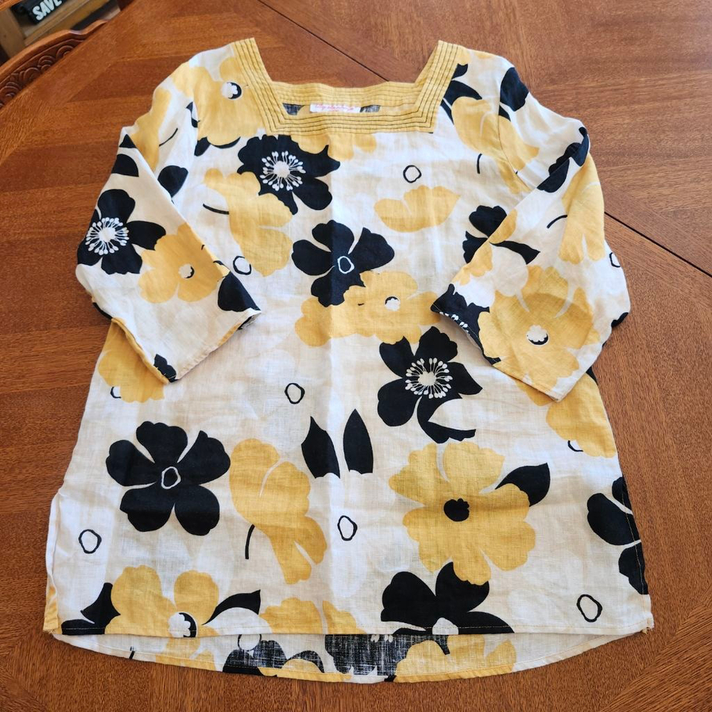Women's Lily Stanhope Tunic 1X Yellow Black Floral Linen B1
